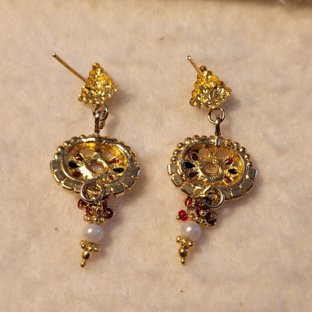 Gold Tone Faux Gemstone Multicolor Bollywood Like Stud Pierced 1.5" Earrings - Picture 3 of 4